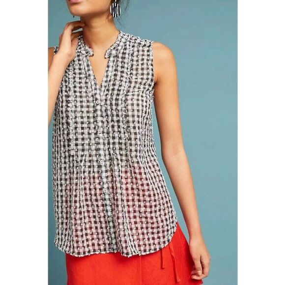 MAEVE ANTHROPOLOGIE Black/White Gingham Sleeveless Button Down Blouse SZ S #2467 - Picture 1 of 15